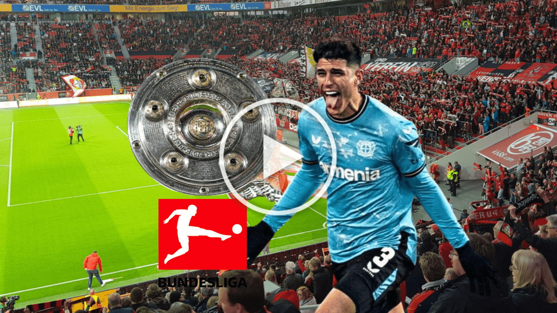 Piero Hincapié celebrando, trofeo de la Bundesliga. Foto tomada de: Bayer Leverkusen/Bundesliga
