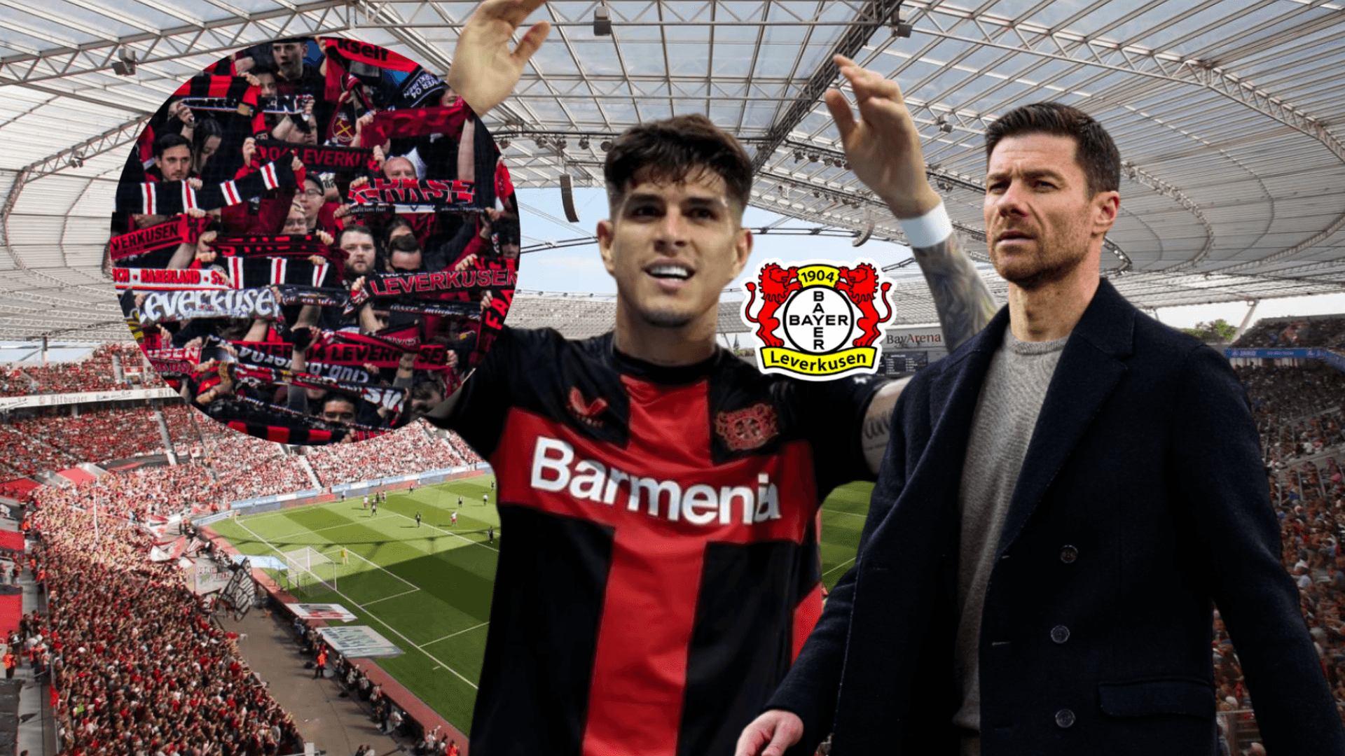 Piero Hincapié celebrando, Xabi Alonso dirigiendo y escudo Bayer Leverkusen. Foto tomada de: Bayer Leverkusen/PESLogos