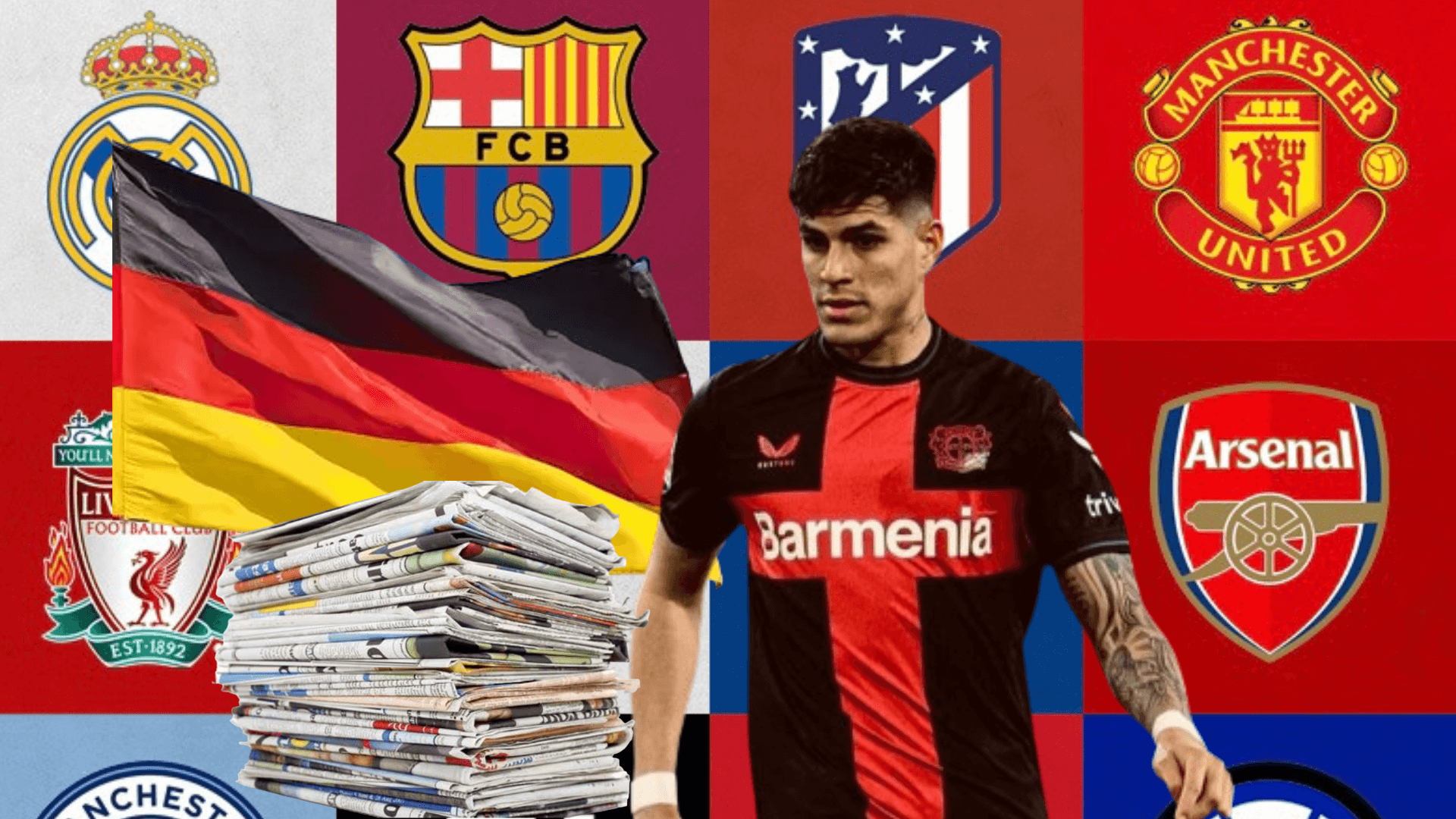 Piero Hincapié jugando, bandera Alemania, periódicos. Foto tomada de: Diario Correo/Bayer Leverkusen
