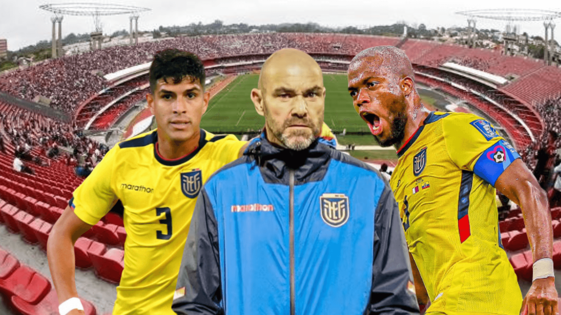 Piero Hincapié jugando, Félix Sánchez serio, Enner Valencia gritando. Foto tomada de: La Tri/Ecuavisa