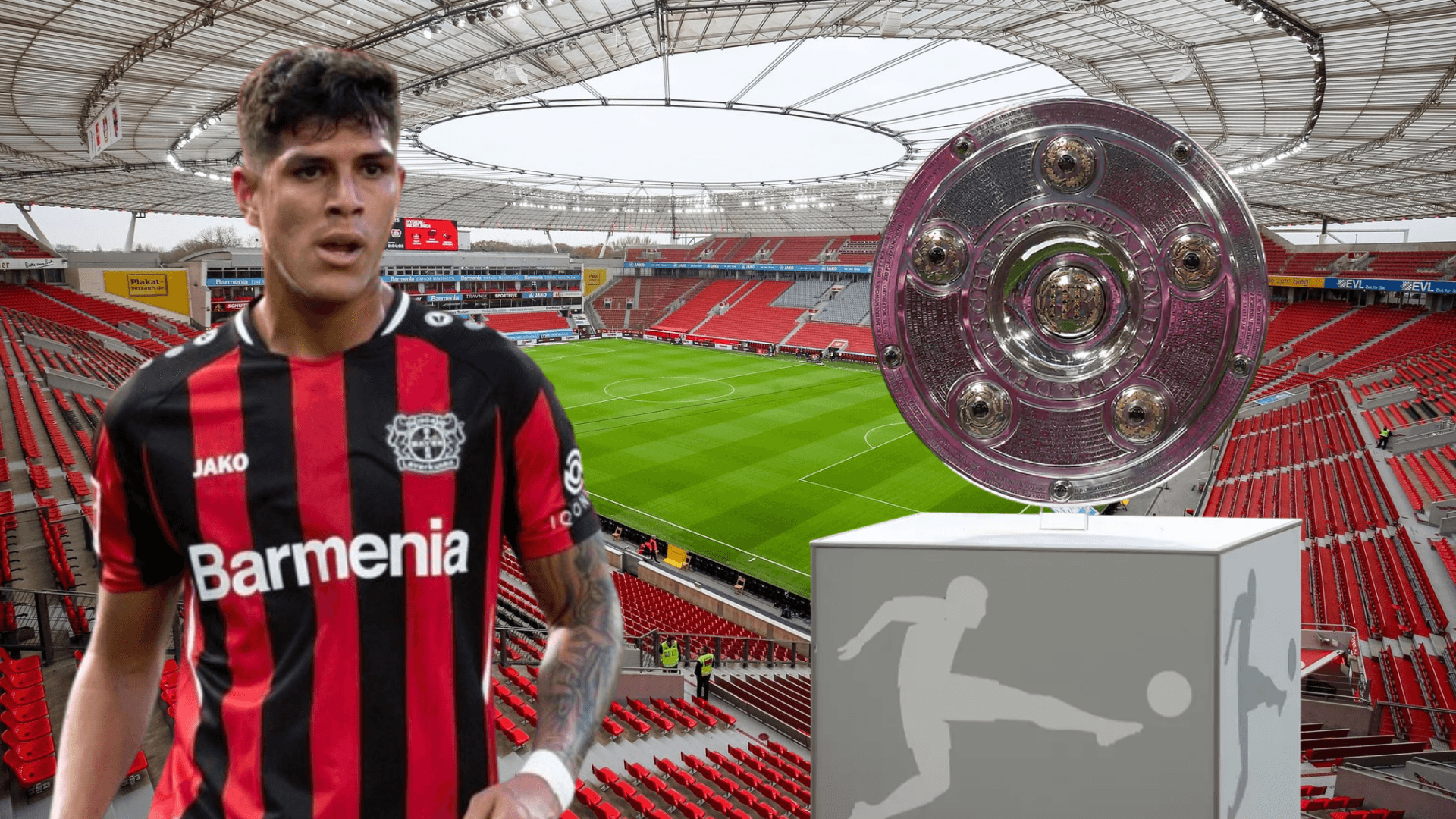 Piero Hincapié junto al título de la Bundesliga en el BayArena (Foto tomada de: Bayer Leverkusen/REUTERS)