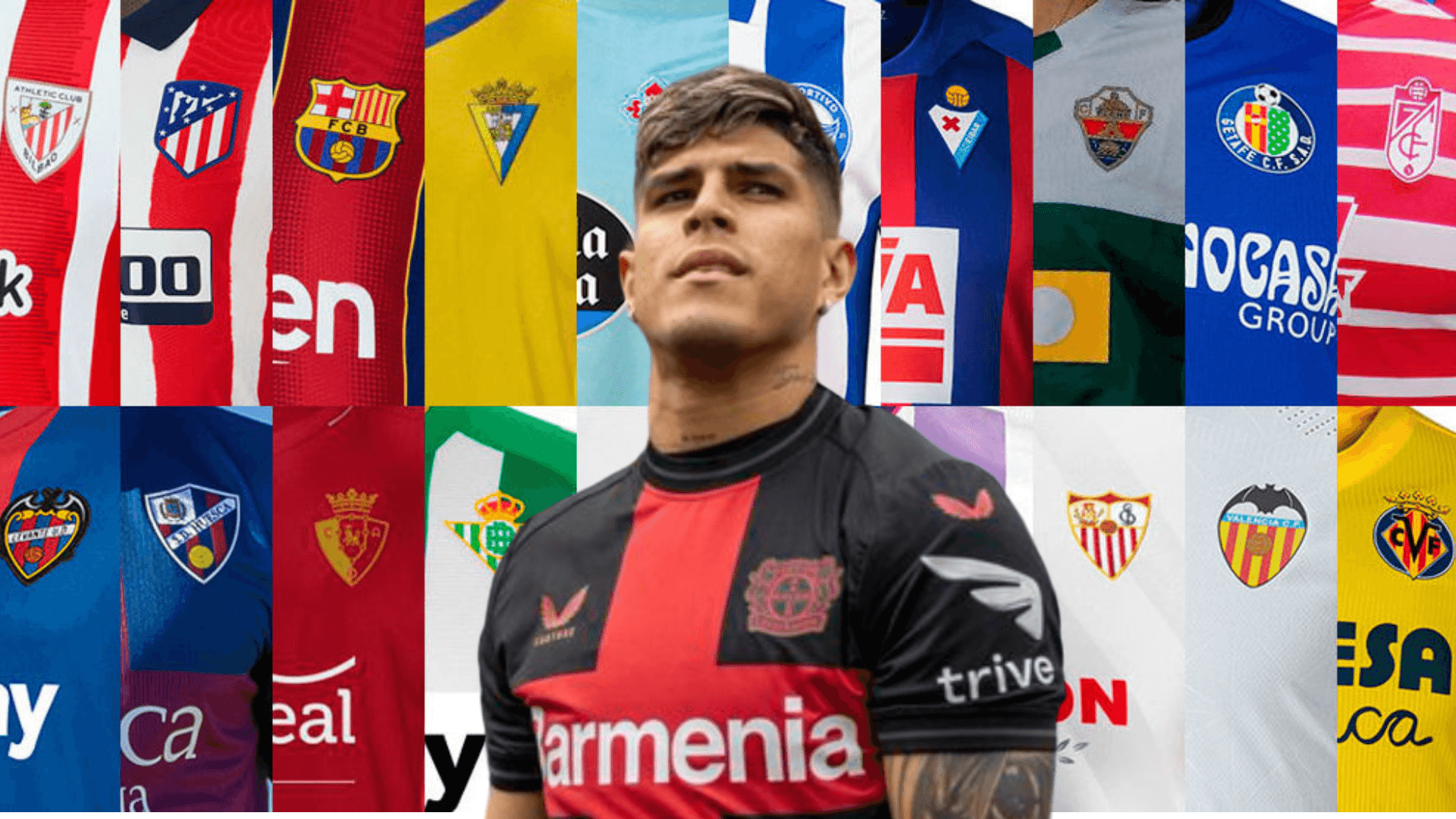 Piero Hincapié posando, equipos españoles fondo. Foto tomada de: Todo sobre Camisetas