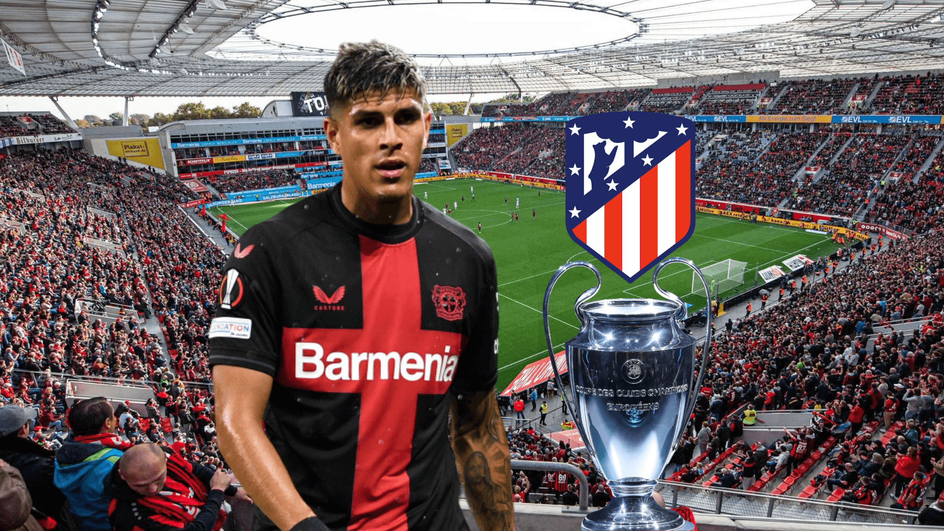Piero Hincapié preocupado. Escudo Atlético Madrid, Trofeo Champions. Foto tomada de: Bayer Leverkusen/PesLogos