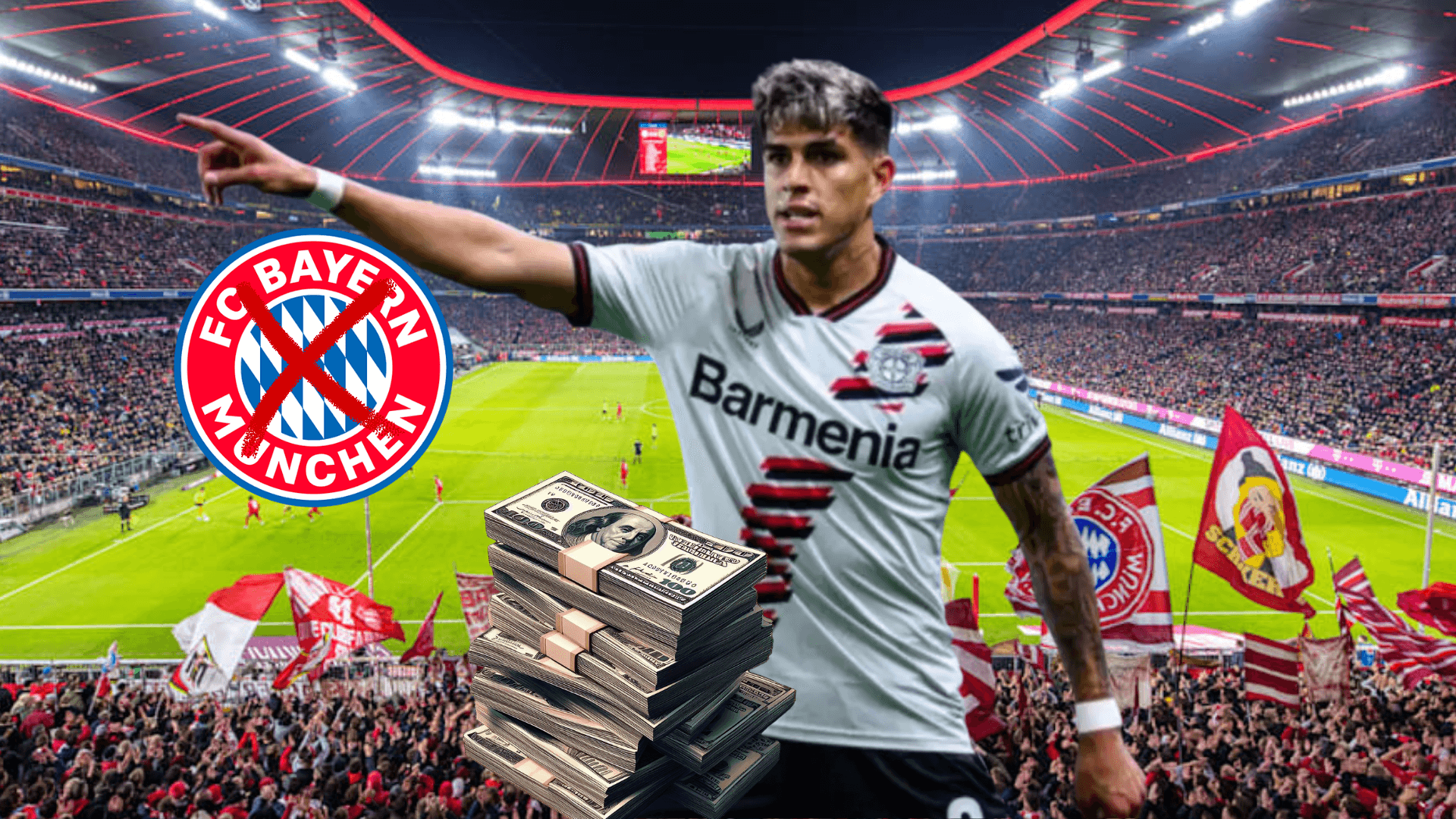 Piero Hincapié señalando, escudo Bayern Múnich, Dinero. Foto tomada de: Bayern Múnich/Bayer Leverkusen