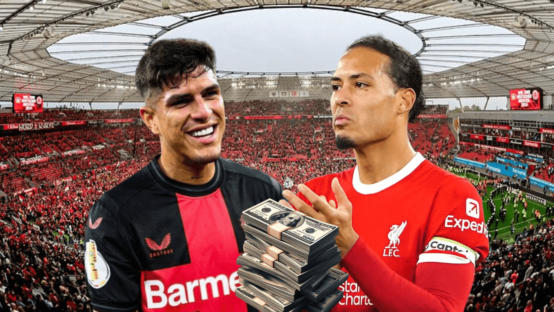 Piero Hincapié sonriendo, Van Dijk aplaudiendo, dinero. Foto tomada de: The Independent/Bayer Leverkusen