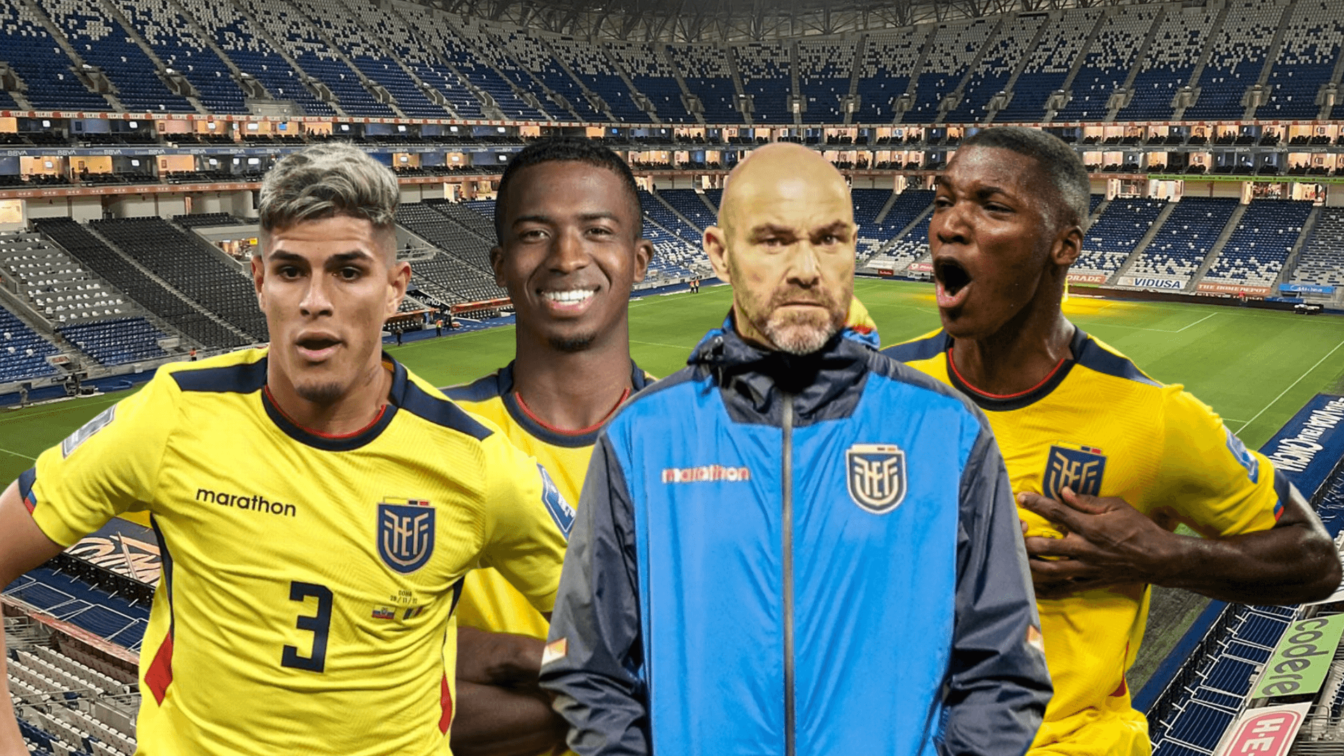 Piero Hincapié, Willian Pacho y Moisés Caicedo con Félix Sánchez Bas. Foto tomada de: ESPN/Transfermarkt/