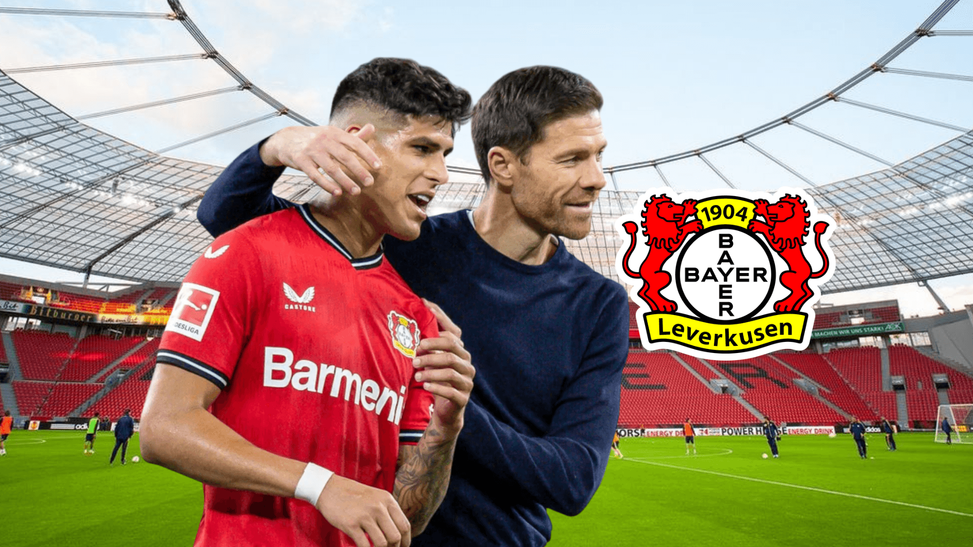 Piero Hincapié y Xabi Alonso, escudo del Bayer Leverkusen. Foto tomada de: Bayer Leverkusen/PESLogos