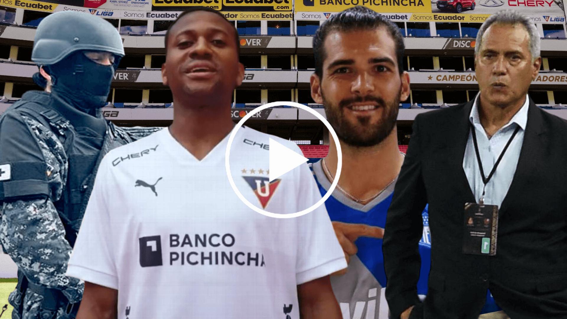 Policía, Michael Estrada, Facundo Castelli y Hernán Torres(Foto tomada de: Liga de Quito/Euro News/Extra/Emelec)