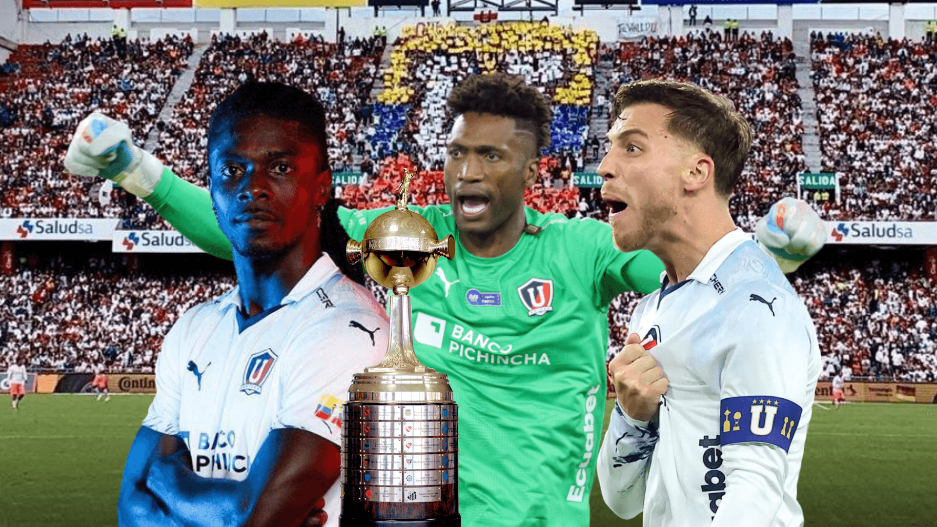 Ricardo Adé, Alexander Domínguez gritando, Ezequiel Piovi grito. Foto tomada de: Liga de Quito/Wikipedia
