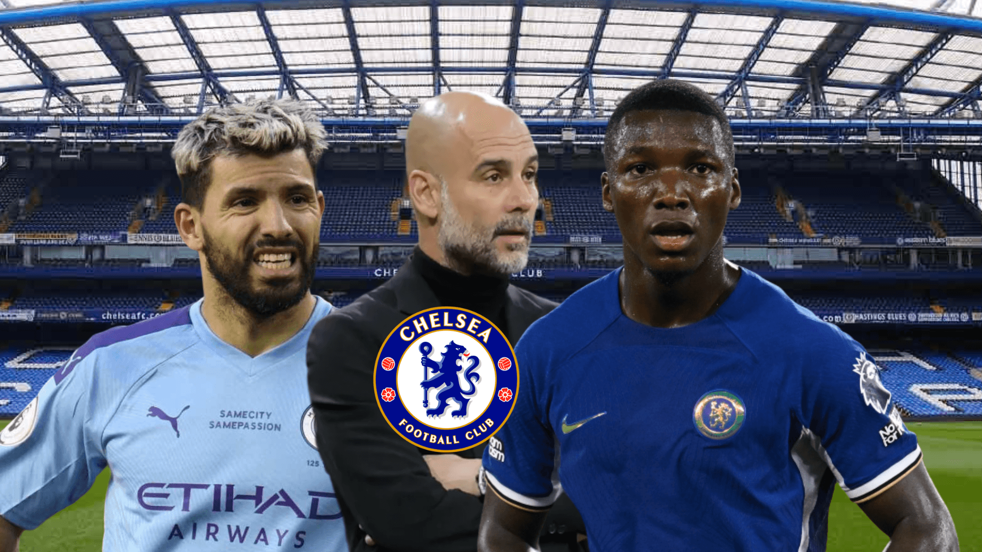 Sergio Agüero adolorido, Pep Guardiola serio, Moisés Caicedo sorprendido. Foto tomada de: Meridiant Sport/Tatler