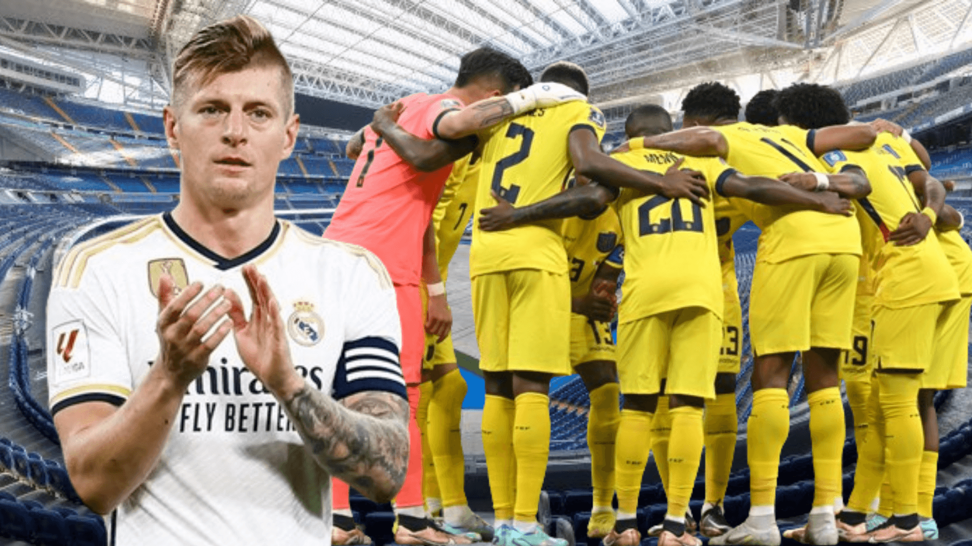 Toni Kroos y la selección ecuatoriana en el Estadio Santiago Bernabéu (Foto tomada de: Turismo Madrid/Real Madrid/AFP)
