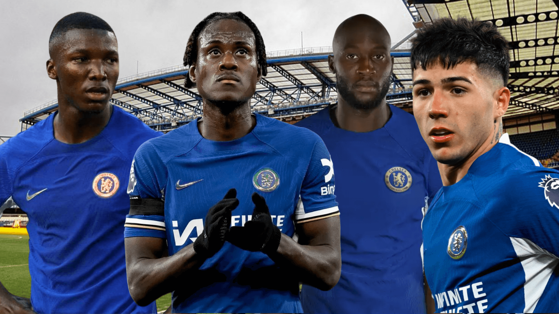 Trevoh Chalobah, Moisés Caicedo, Enzo Fernández y Romelu Lukaku (Foto tomada de: Wikipedia/Chelsea/Football London)