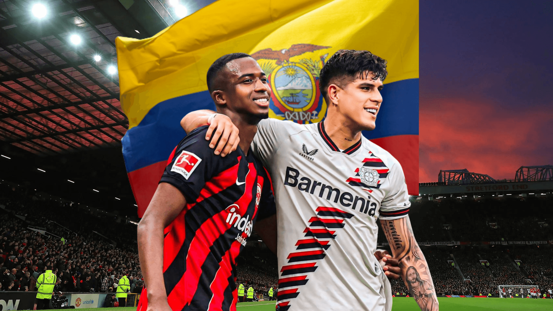 Willian Pacho y Piero Hincapié abrazados, bandera Ecuador. Foto tomada de: ESPN