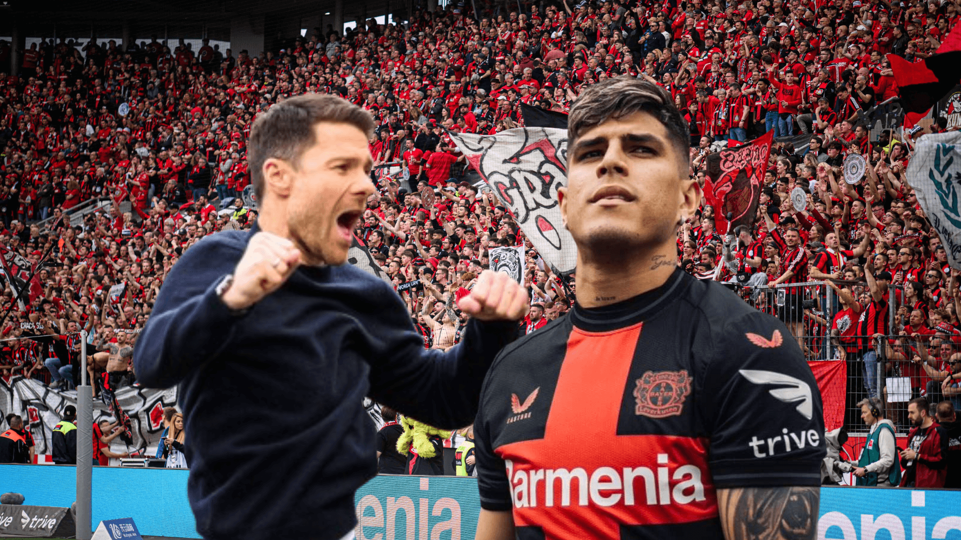 Xabi Alonso festejando, Piero Hincapié orgulloso. Foto tomada de: Goal/Bayer Leverkusen