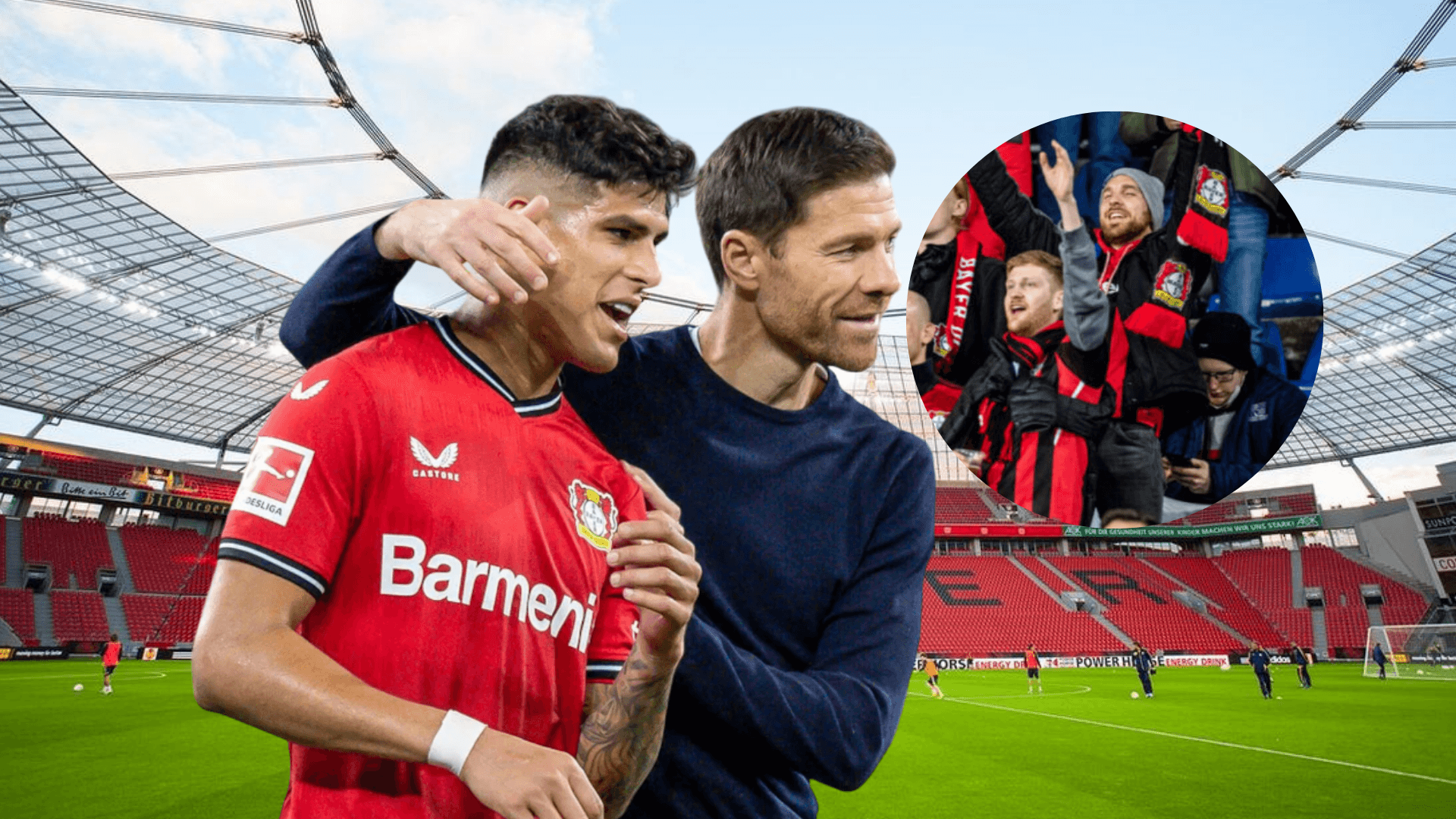 Xabi Alonso y Piero Hincapié con los hinchas del Bayer Leverkusen