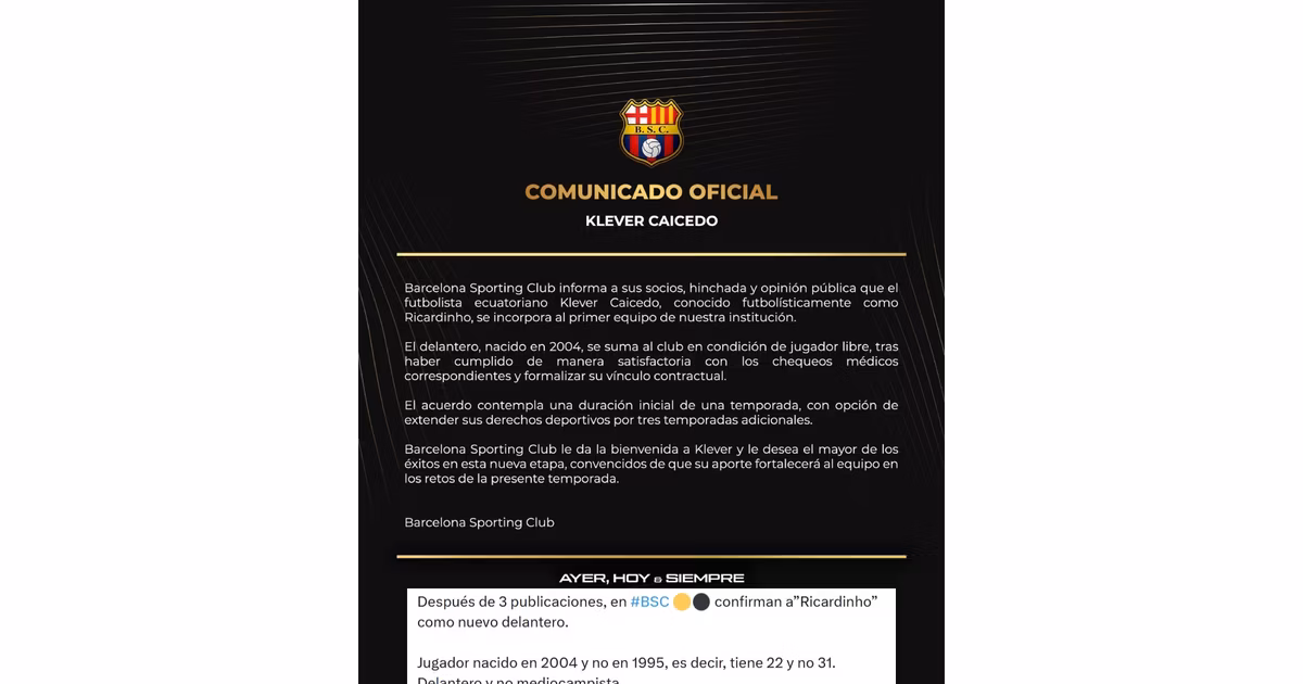 Kleber Caicedo, nuevo refuerzo de Barcelona SC, fallaron en sus datos