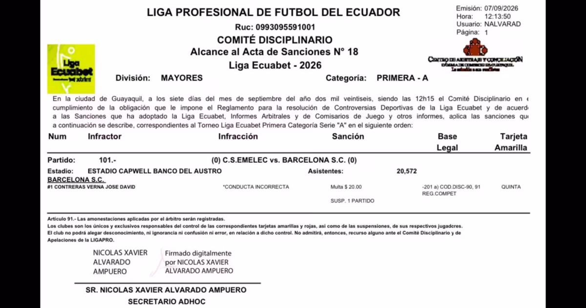 Notificación de la sanción a Contreras
