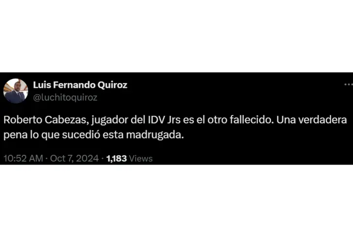 Tuit de Luis Fernando Quiroz sobre el accidente de Marco Angulo