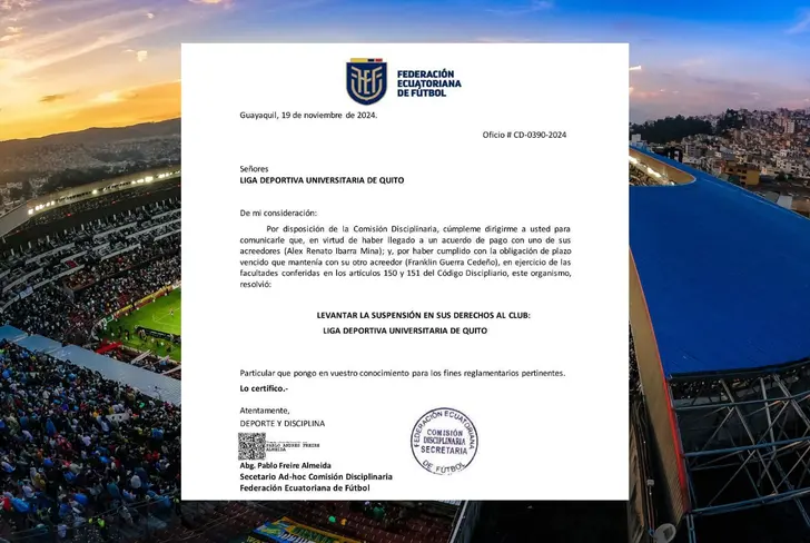 <font style="vertical-align: inherit;"><font style="vertical-align: inherit;">Resolución de la FEF sobre Liga de Quito (foto tomada de: X)</font></font>