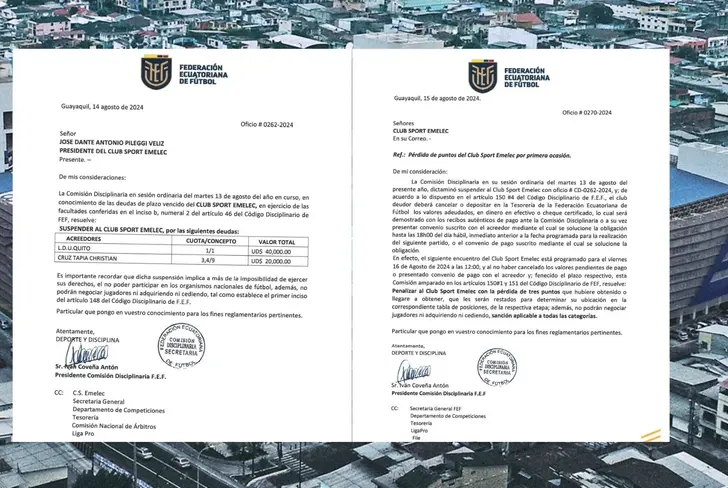 Comunicado FEF de la resta de puntos a Emelec (Foto tomada de: FEF)