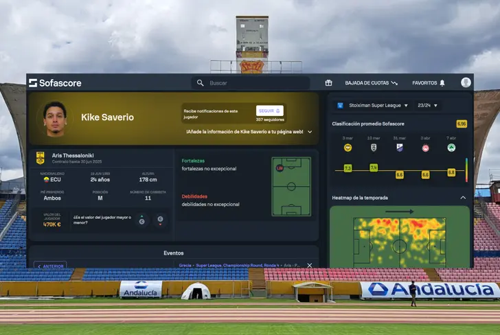 Calificación de Kike Saverio en Grecia (Foto tomada de: Sofascore)