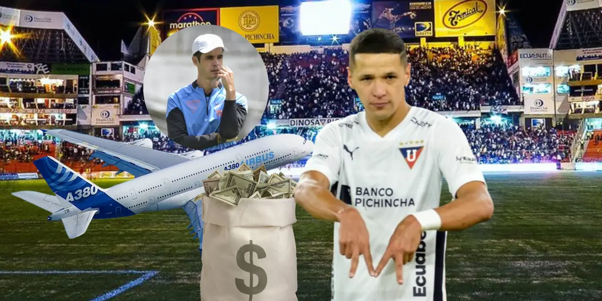 Alex Arce celebrando, Josep Alcácer preocupado, dinero y avión en el estadio de LDU. Foto tomada de API/LDU