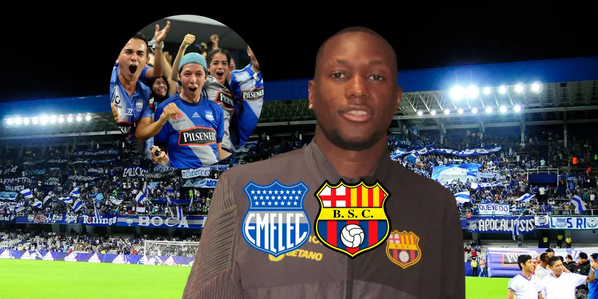 Aníbal Chalá, escudos Emelec y BSC, hinchas de Emelec. Foto tomada de: Expreso