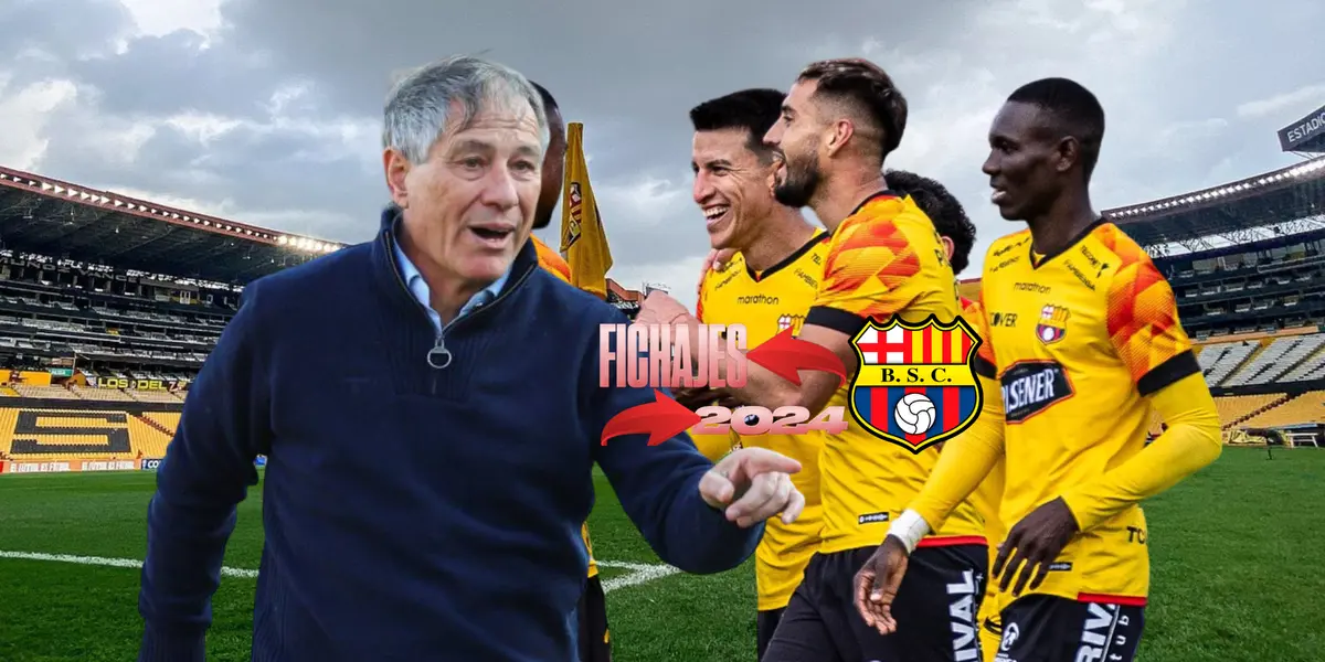 Ariel Holan señalando, jugadores Barcelona SC festejando. Foto tomada de: Barcelona SC/Diego Briones 'X'