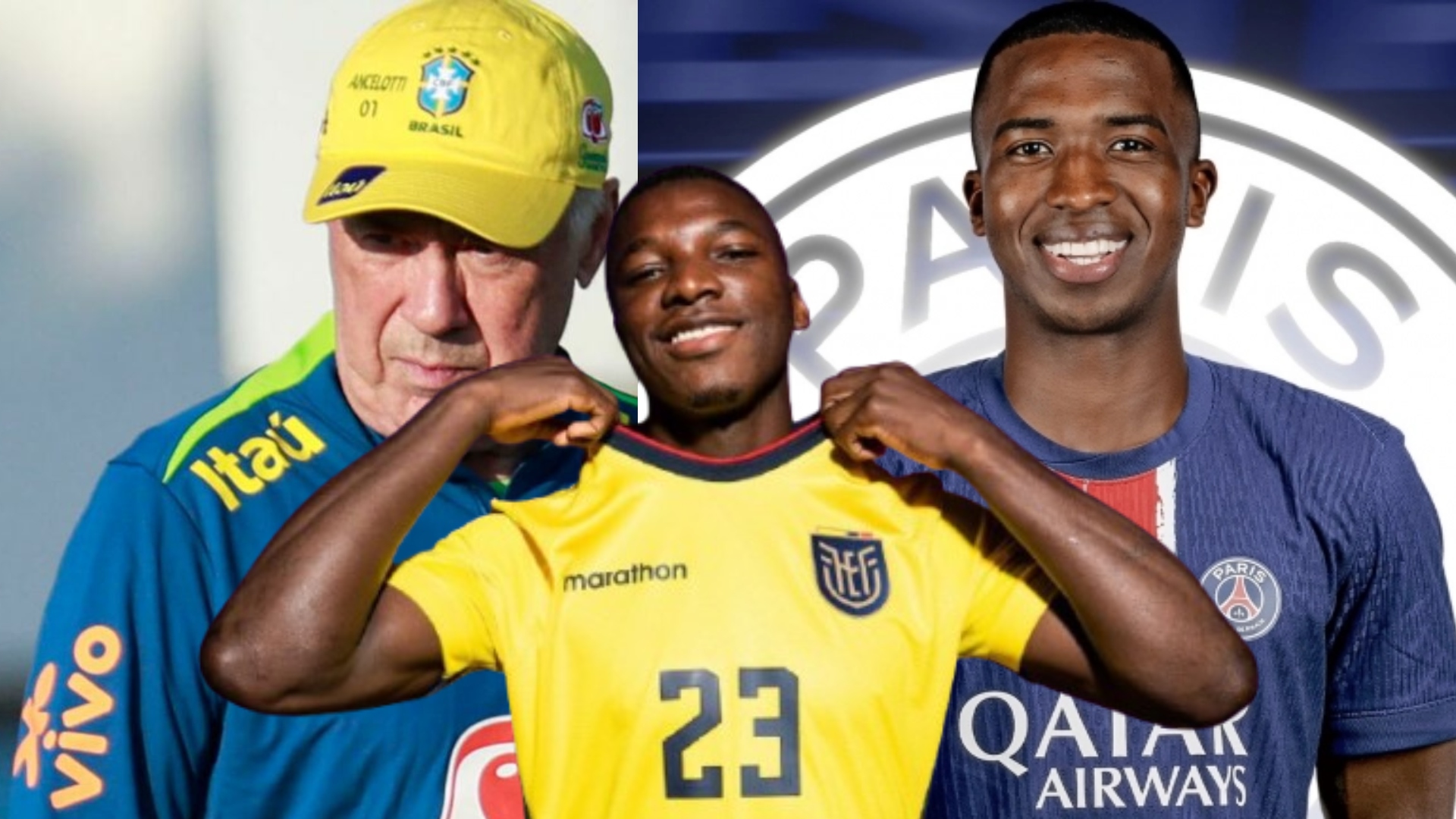 Carlo Ancelotti, Moisés Caicedo y William Pacho 