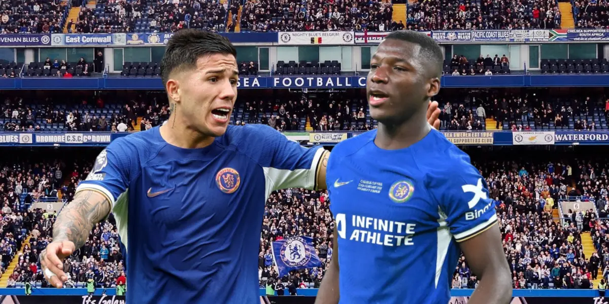 Enzo Fernández gritando, Moisés Caicedo jiugando. Foto tomada de: Transfermarkt/Chelsea