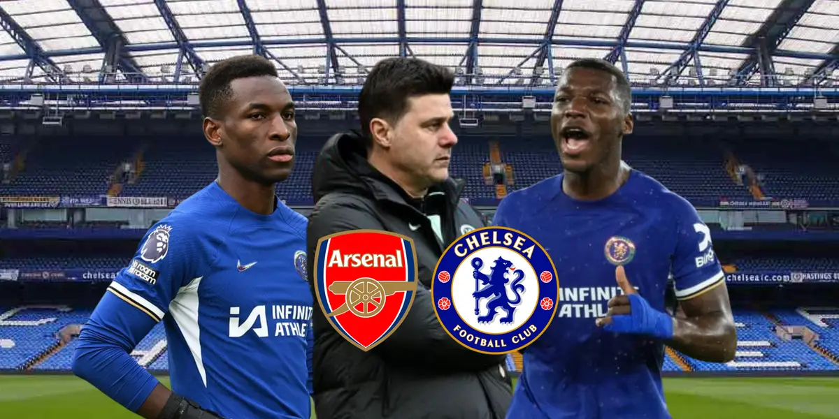 Jackson preocupado, Pochettino molesto, Moisés Caicedo gritando, escudos Arsenal y Chelsea. Foto tomada de: Daily Express/Chelsea FC/DFDS