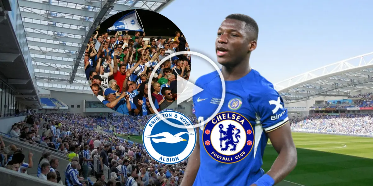 Moisés Caicedo, hinchada del Brighton, escudos Chelsea y Brighton. Foto tomada de: Be Soccer/ Tension Control Bolts