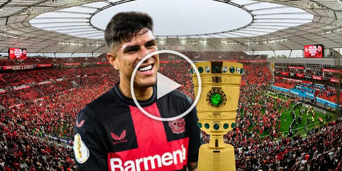 Piero Hincapié feliz, Copa de Alemania. Foto tomada de: Pinterest/Bayer Leverkusen