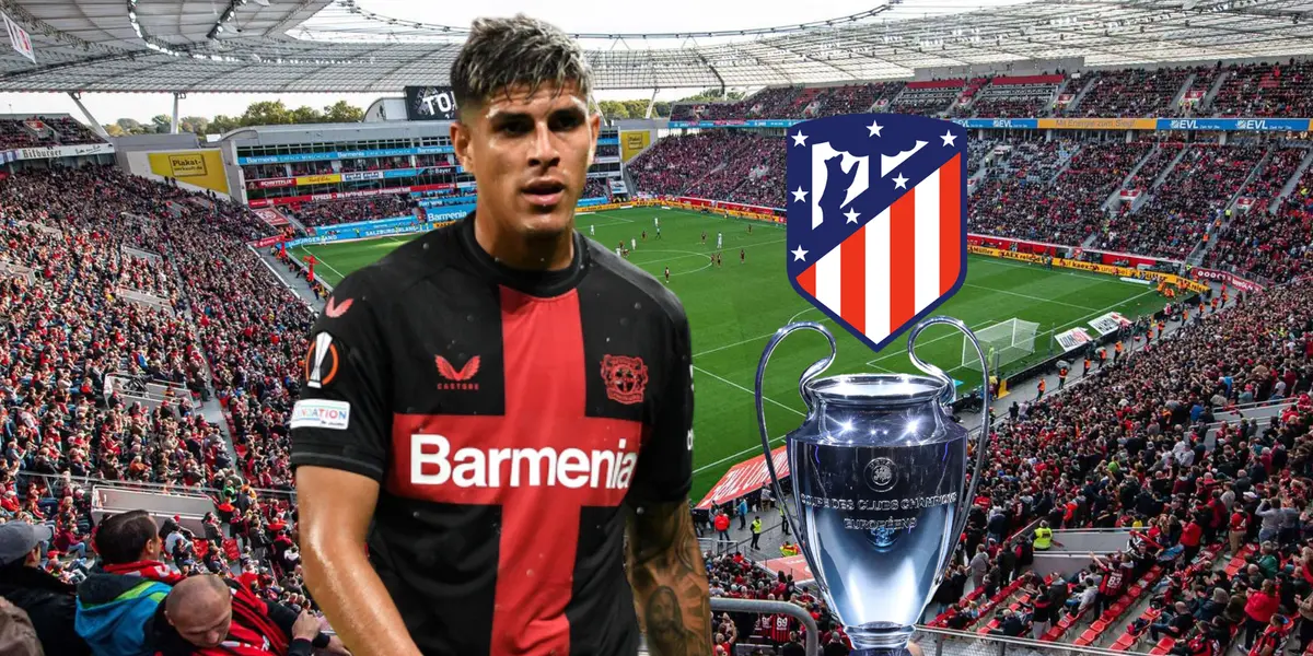 Piero Hincapié preocupado. Escudo Atlético Madrid, Trofeo Champions. Foto tomada de: Bayer Leverkusen/PesLogos